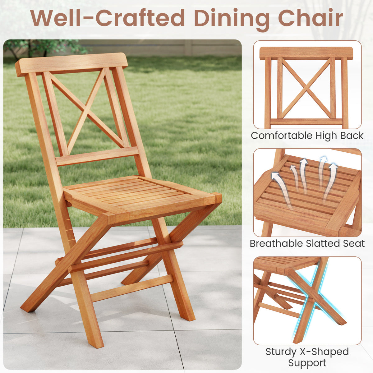 Teak Wood Folding Patio Chairs Set of 2 with Sturdy Frame & Comfort