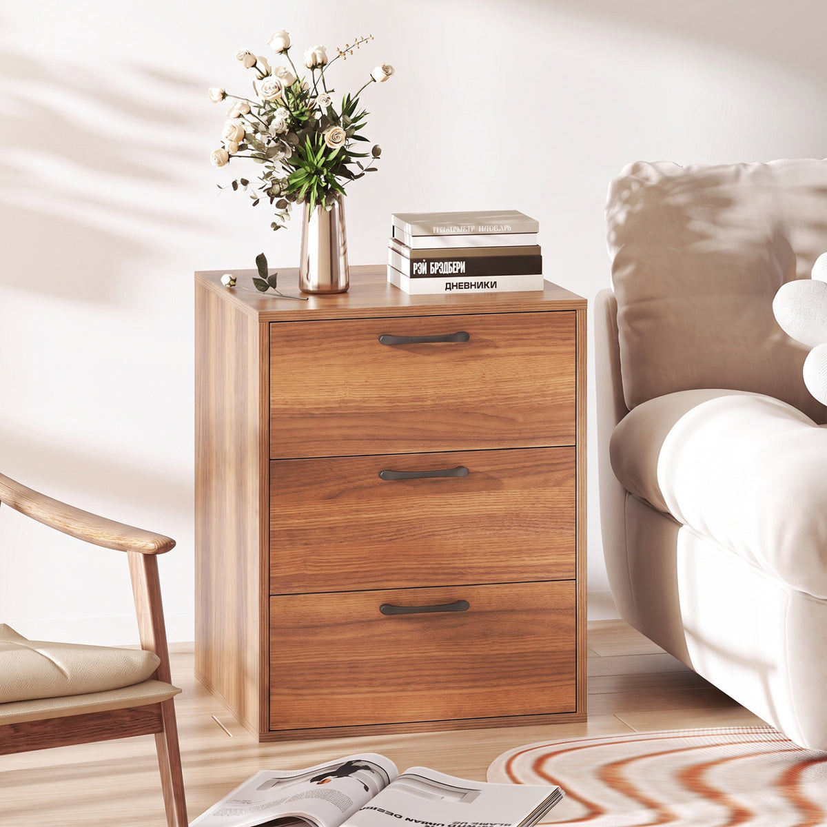 3 Drawer Nightstand with Wood Grain Finish – White