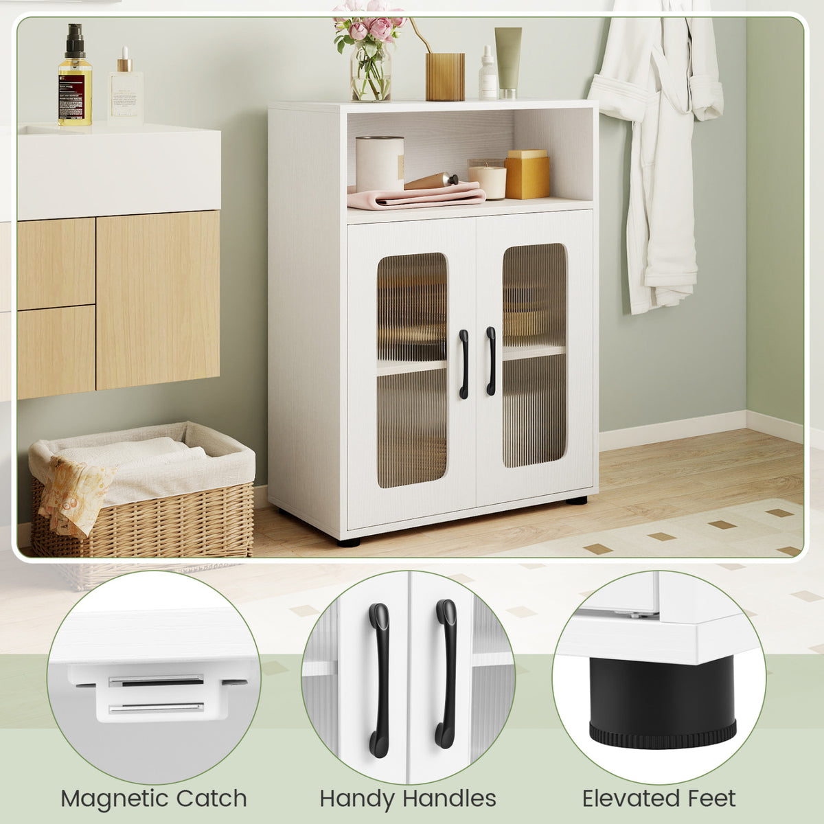 2-Piece Bathroom Cabinet Set, 59" Tall & 2-Door Floor Cabinet, White