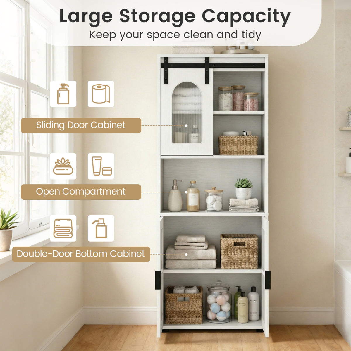 2-Piece Bathroom Cabinet Set, 59" Tall & 2-Door Floor Cabinet, White