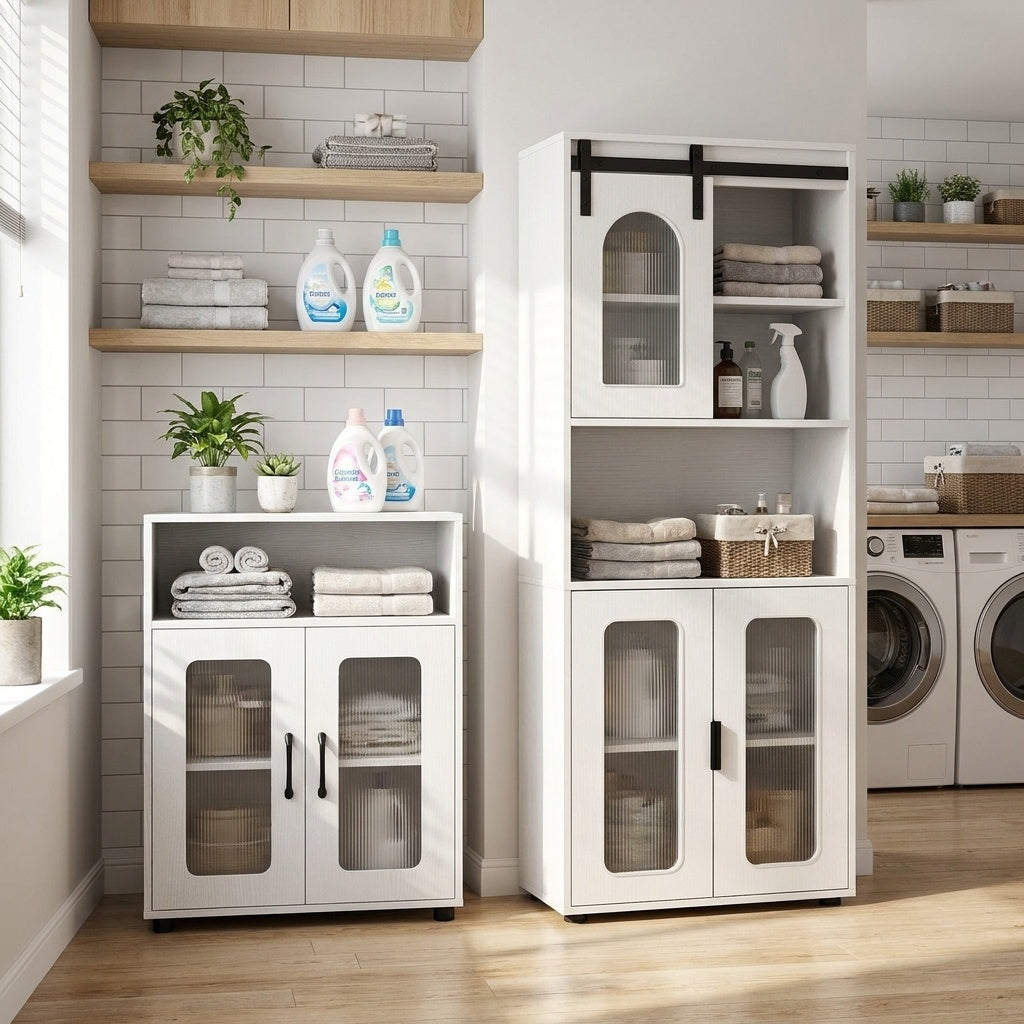 2-Piece Bathroom Cabinet Set, 59" Tall & 2-Door Floor Cabinet, White