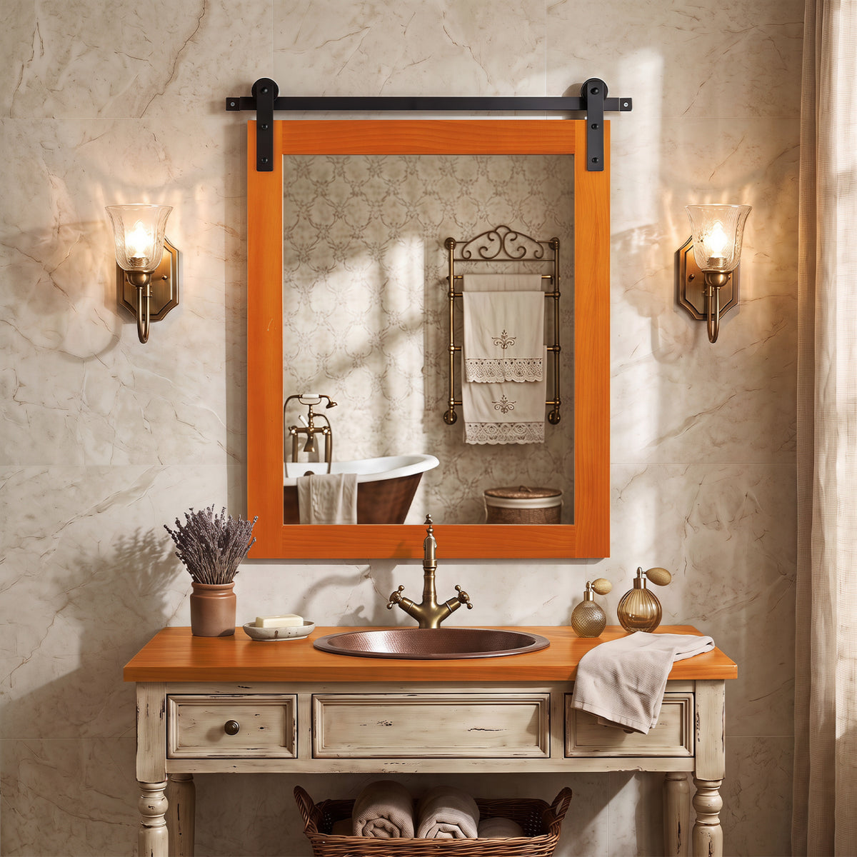 Rectangle Farmhouse Wall Mirror 29x23 with Metal Bracket - Brown Variation