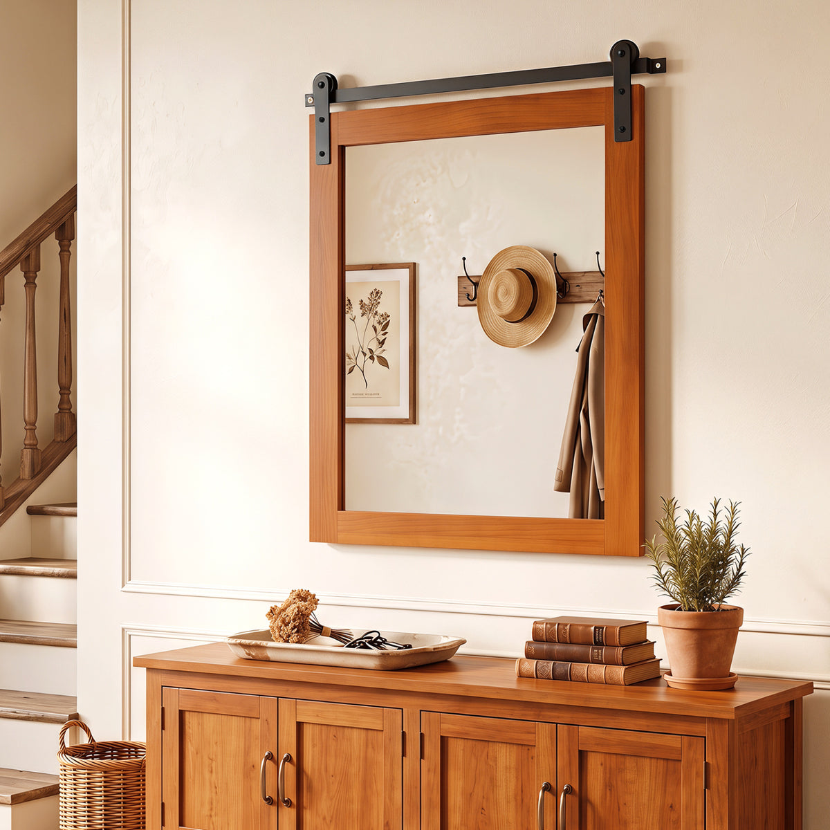 Rectangle Farmhouse Wall Mirror 29x23 with Metal Bracket - Brown Variation