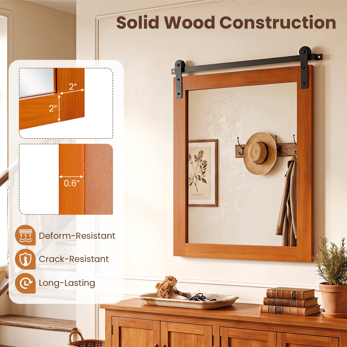 Rectangle Farmhouse Wall Mirror 29x23 with Metal Bracket - Brown Variation