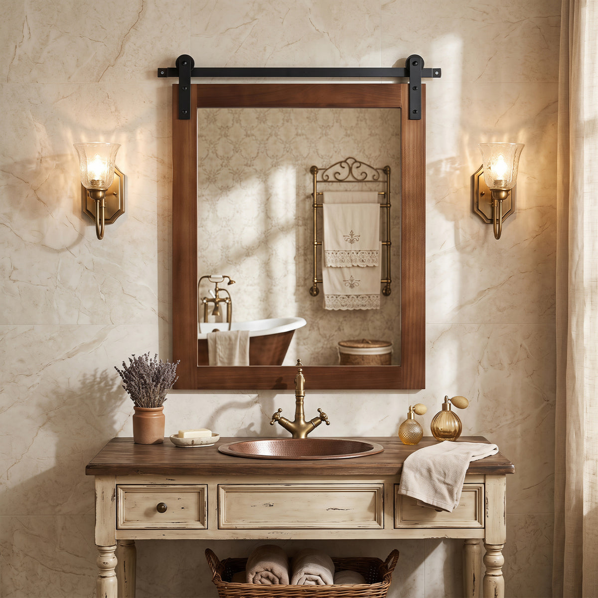29x23 Farmhouse Wall Mirror with Metal Bracket - Rustic Brown Variation