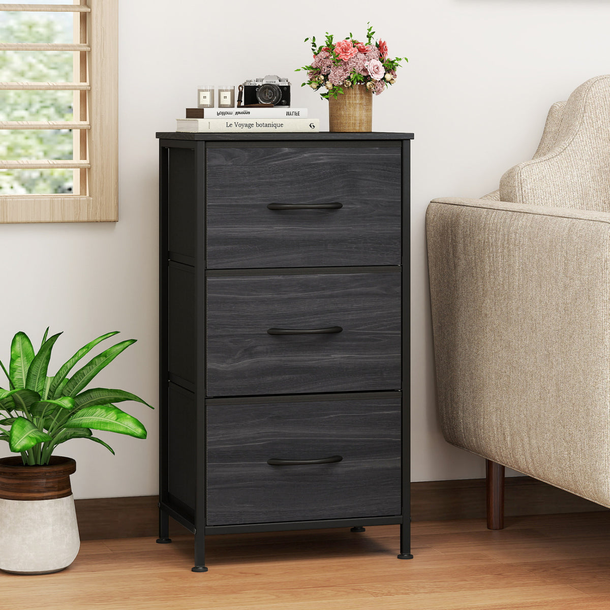 3-Drawer Fabric Dresser with Metal Frame - Brown