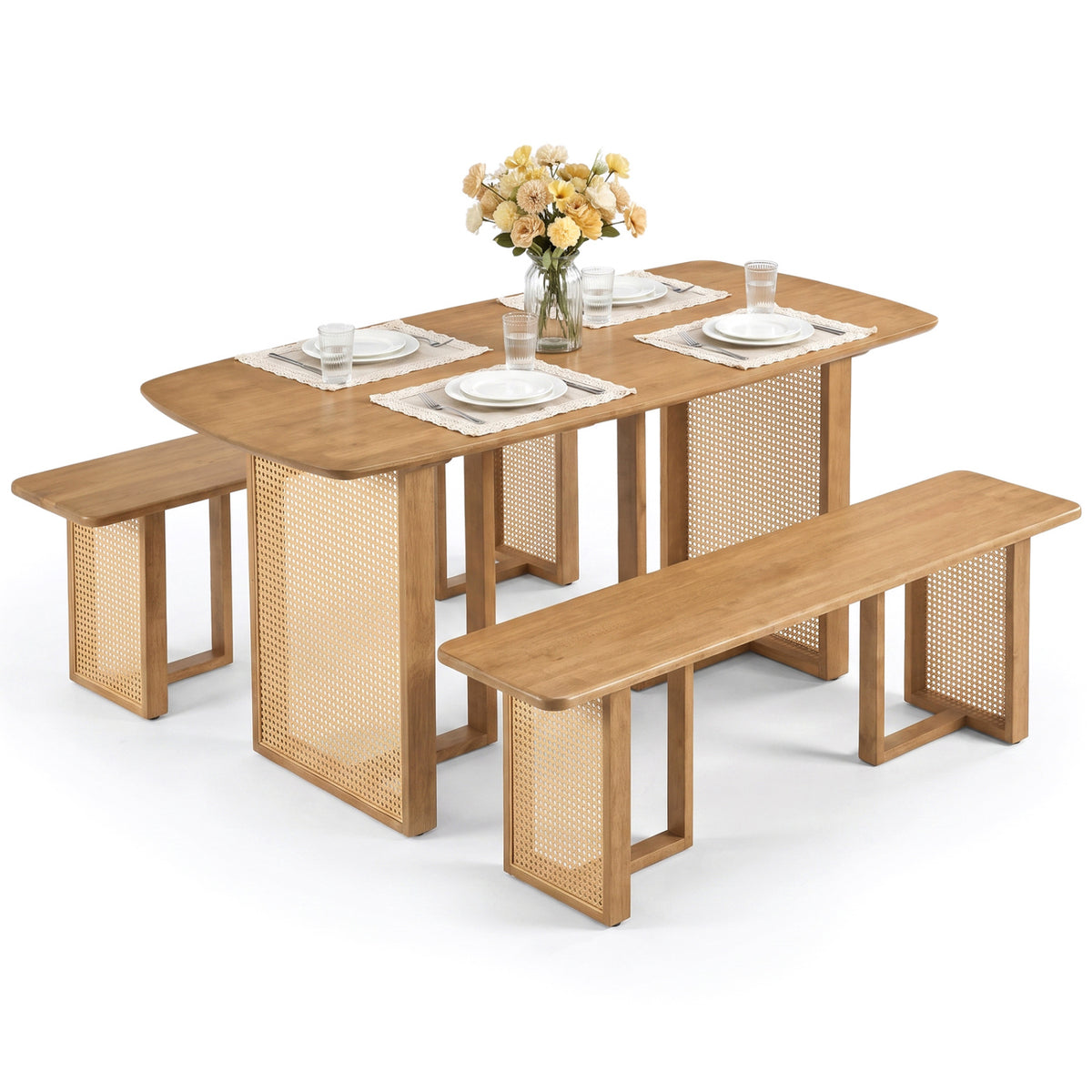 55" Solid Rubber Wood Dining Bench with Rattan Legs - Natural