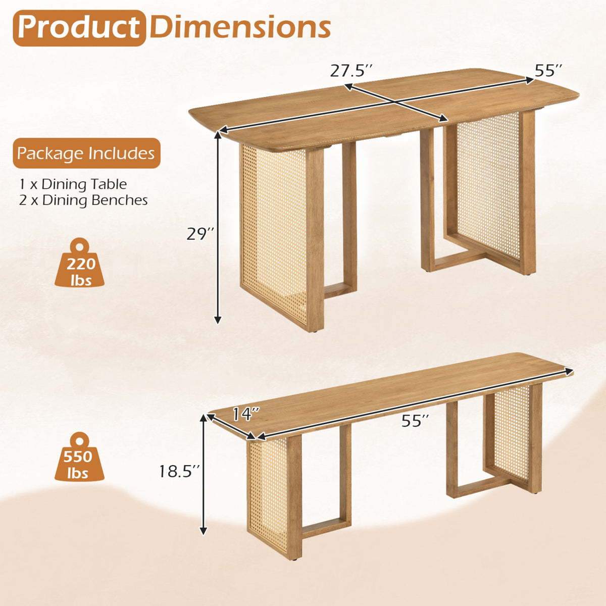 55" Rubber Wood Dining Table Set with 2 Benches - Natural