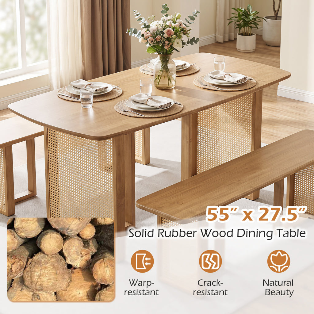 55" Rubber Wood Dining Table Set with 2 Benches - Natural