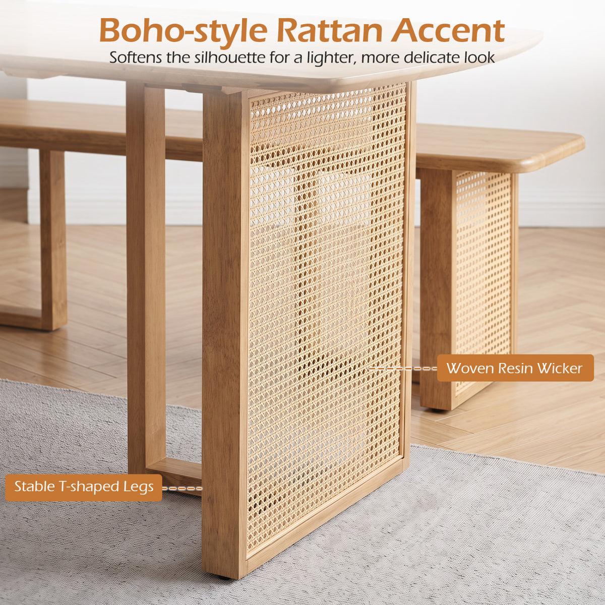 55" Rubber Wood Dining Table Set with 2 Benches - Natural