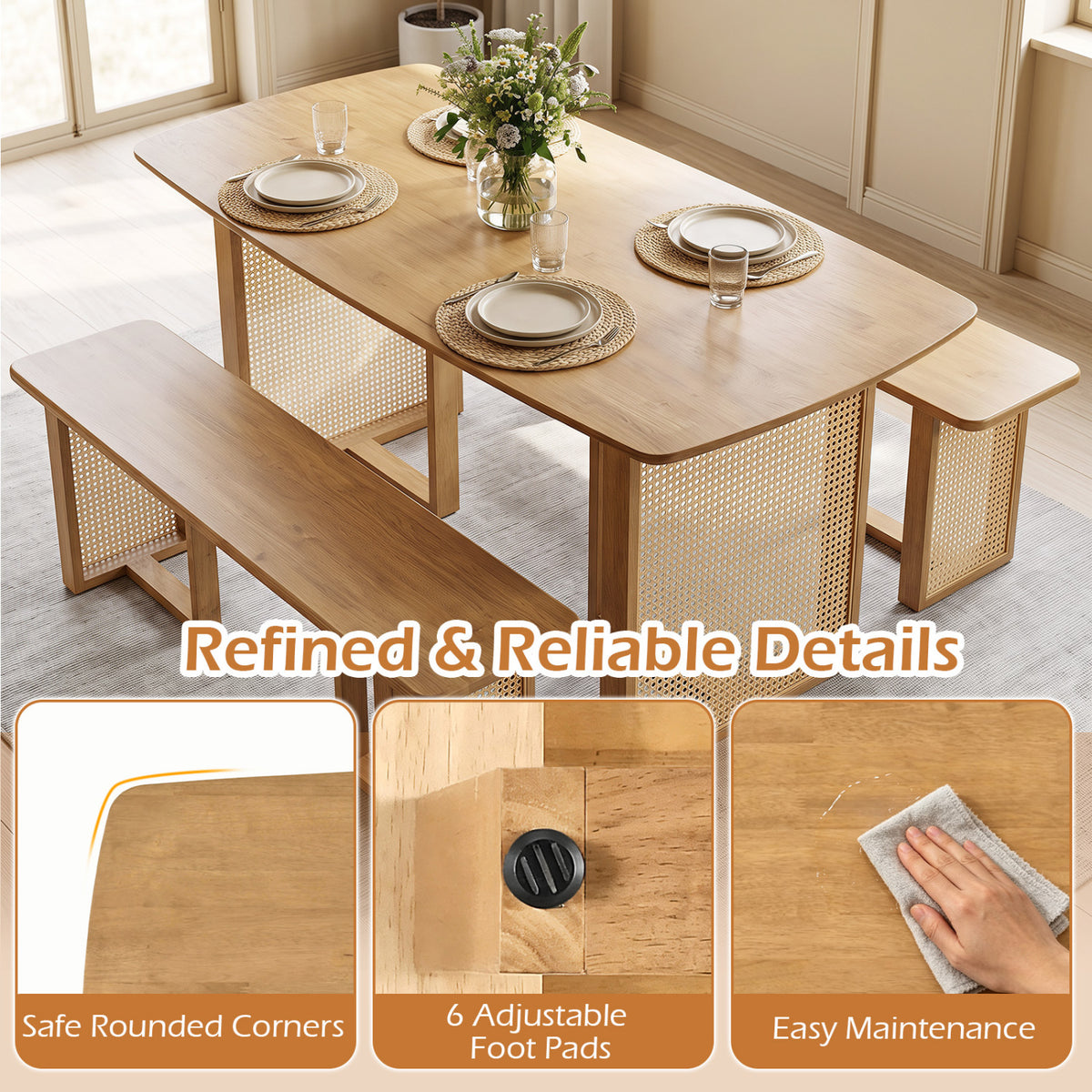 55" Rubber Wood Dining Table Set with 2 Benches - Natural