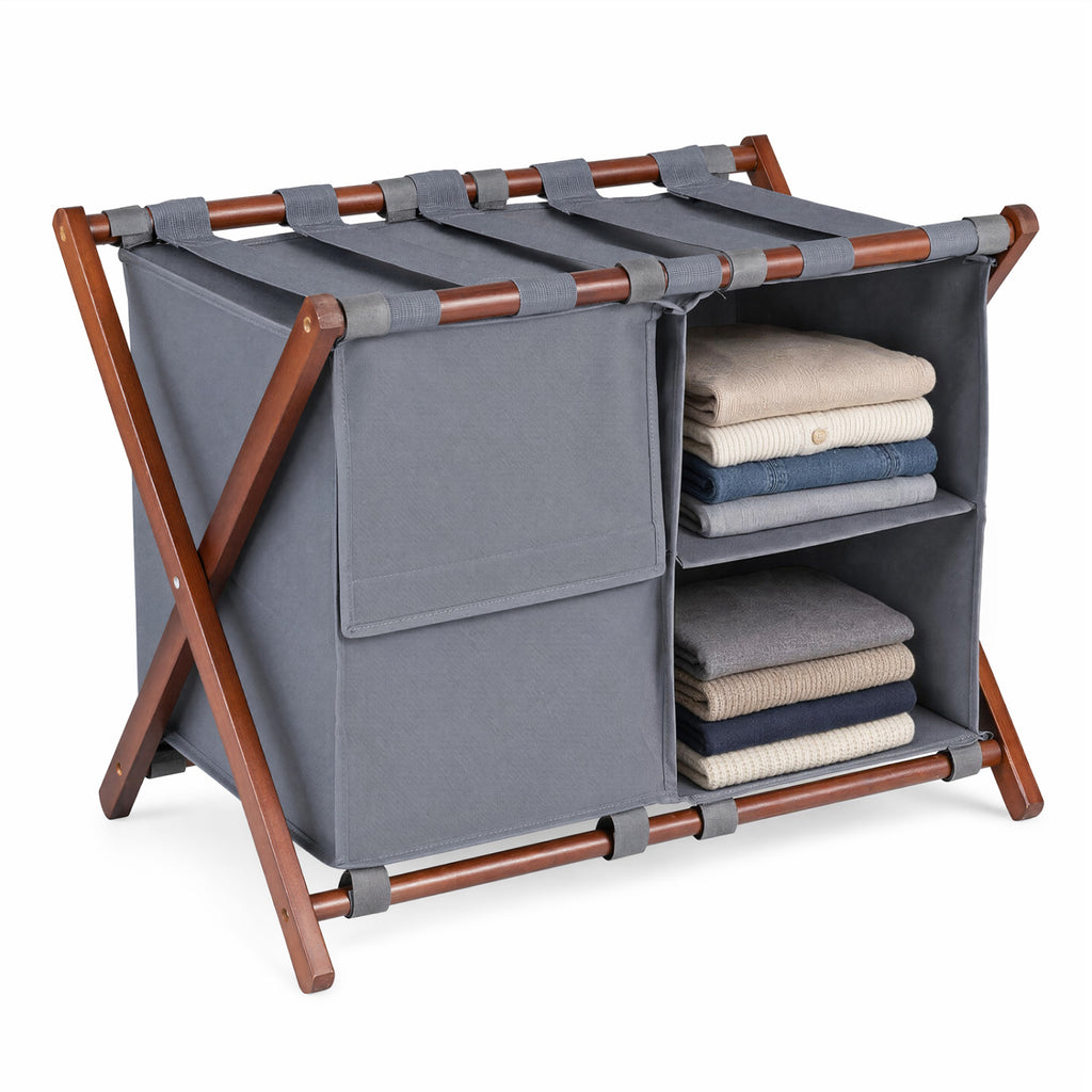 27" Bamboo Luggage Rack with 5 Straps - Walnut & Gray