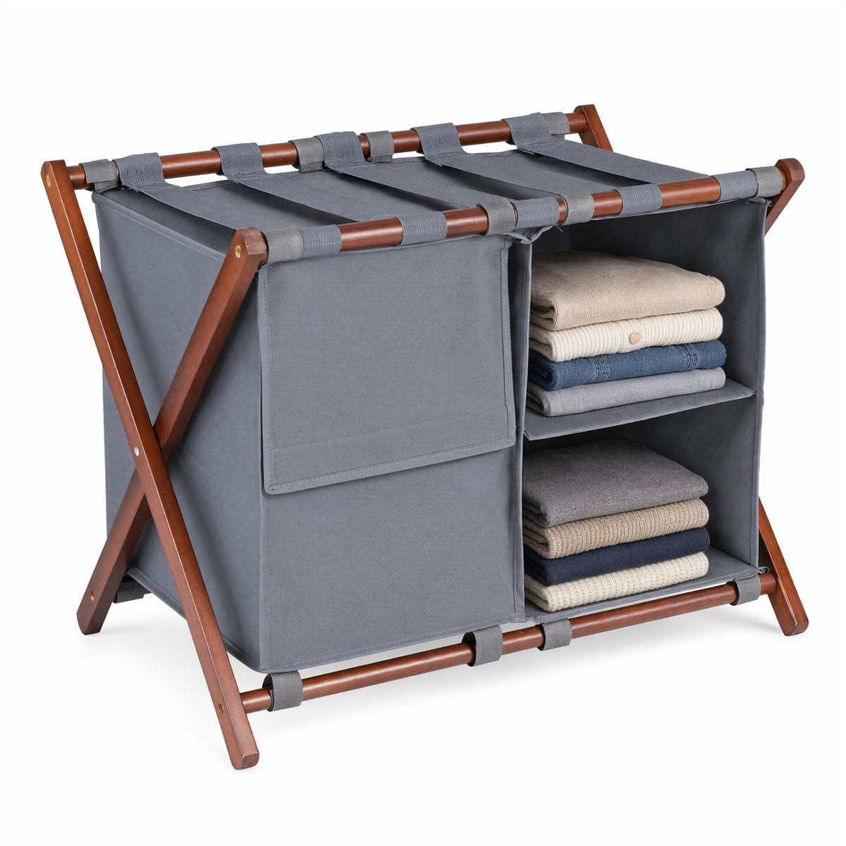 27" Bamboo Luggage Rack with 5 Straps - Walnut & Gray