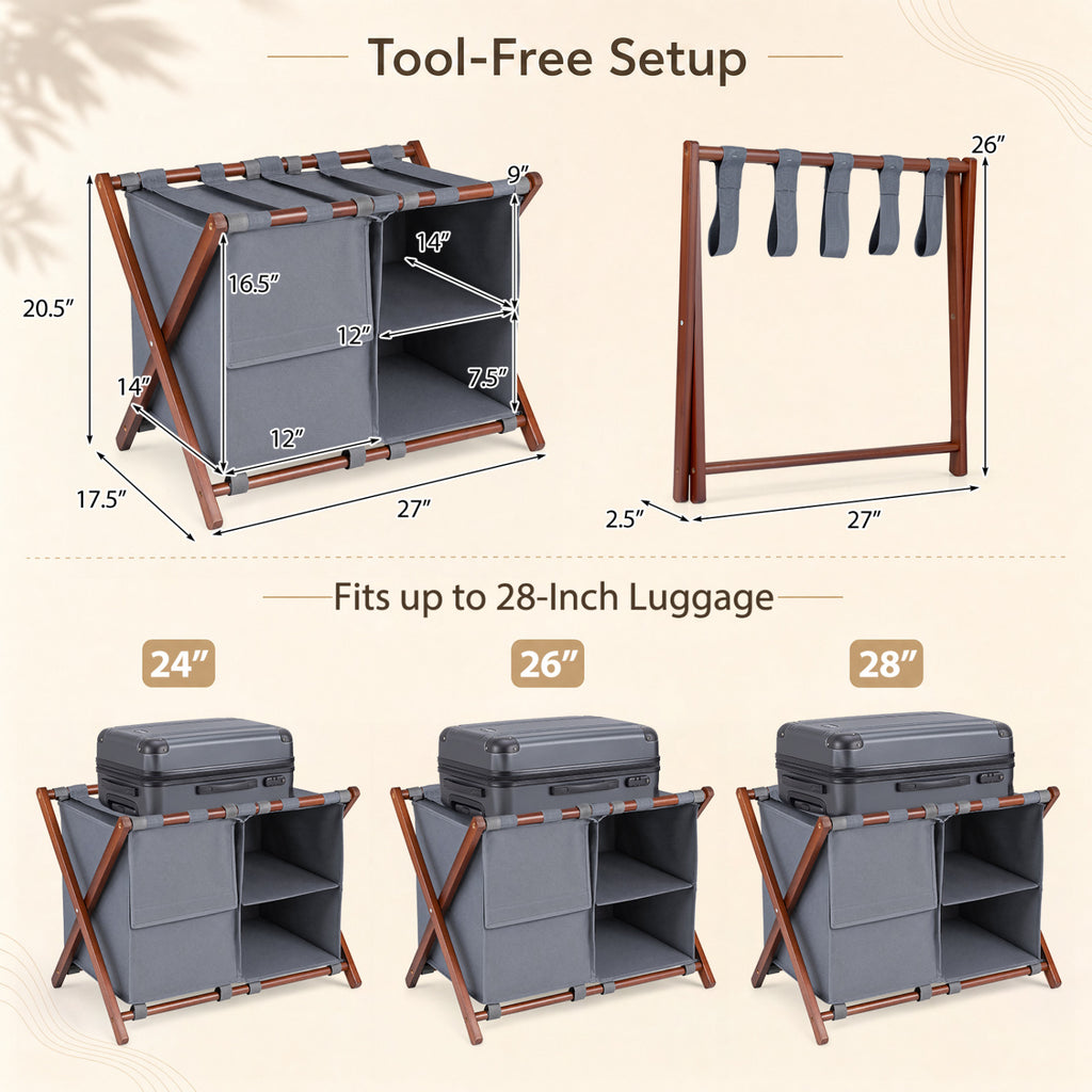 27" Bamboo Luggage Rack with 5 Straps - Walnut & Gray