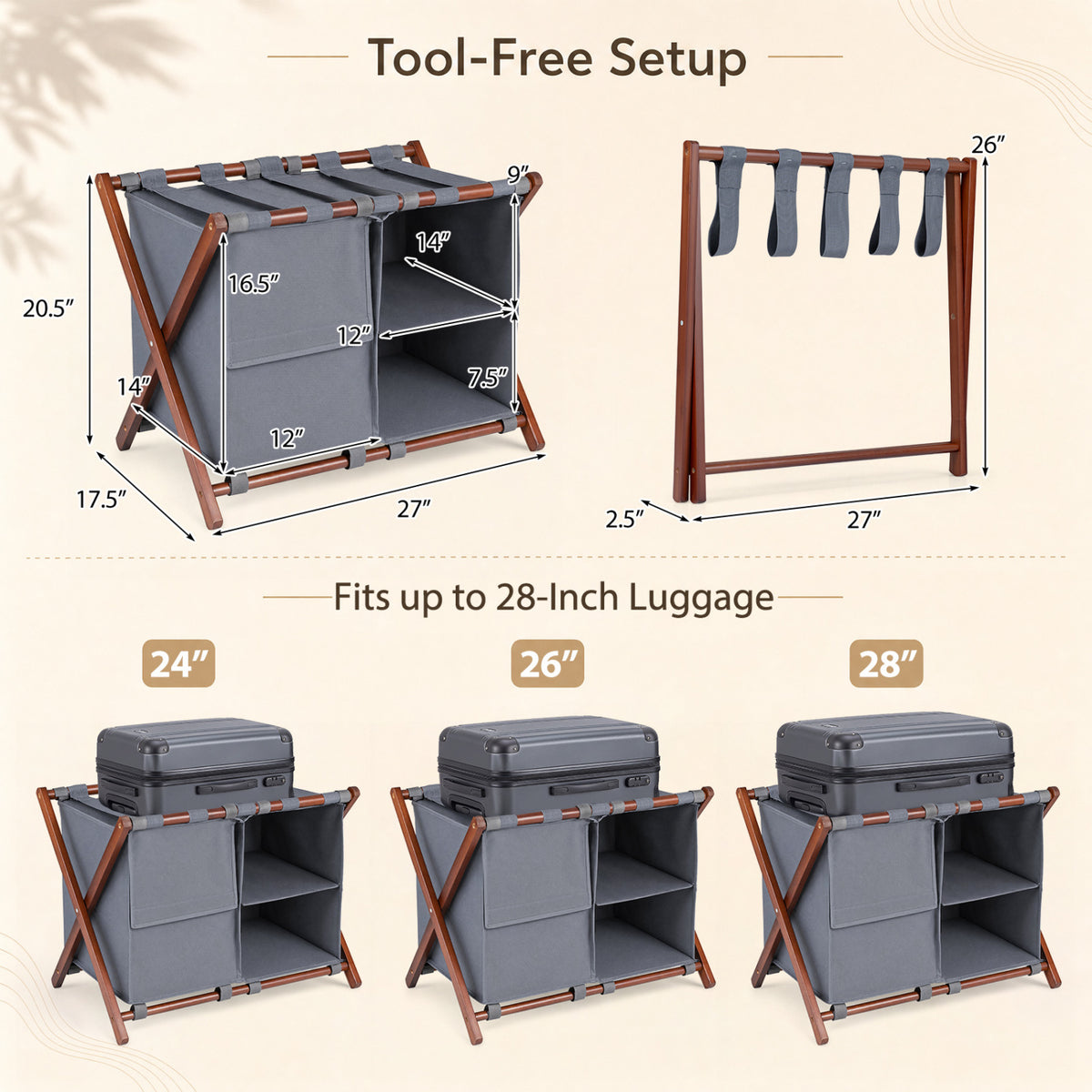 27" Bamboo Luggage Rack with 5 Nylon Straps and Compartments for