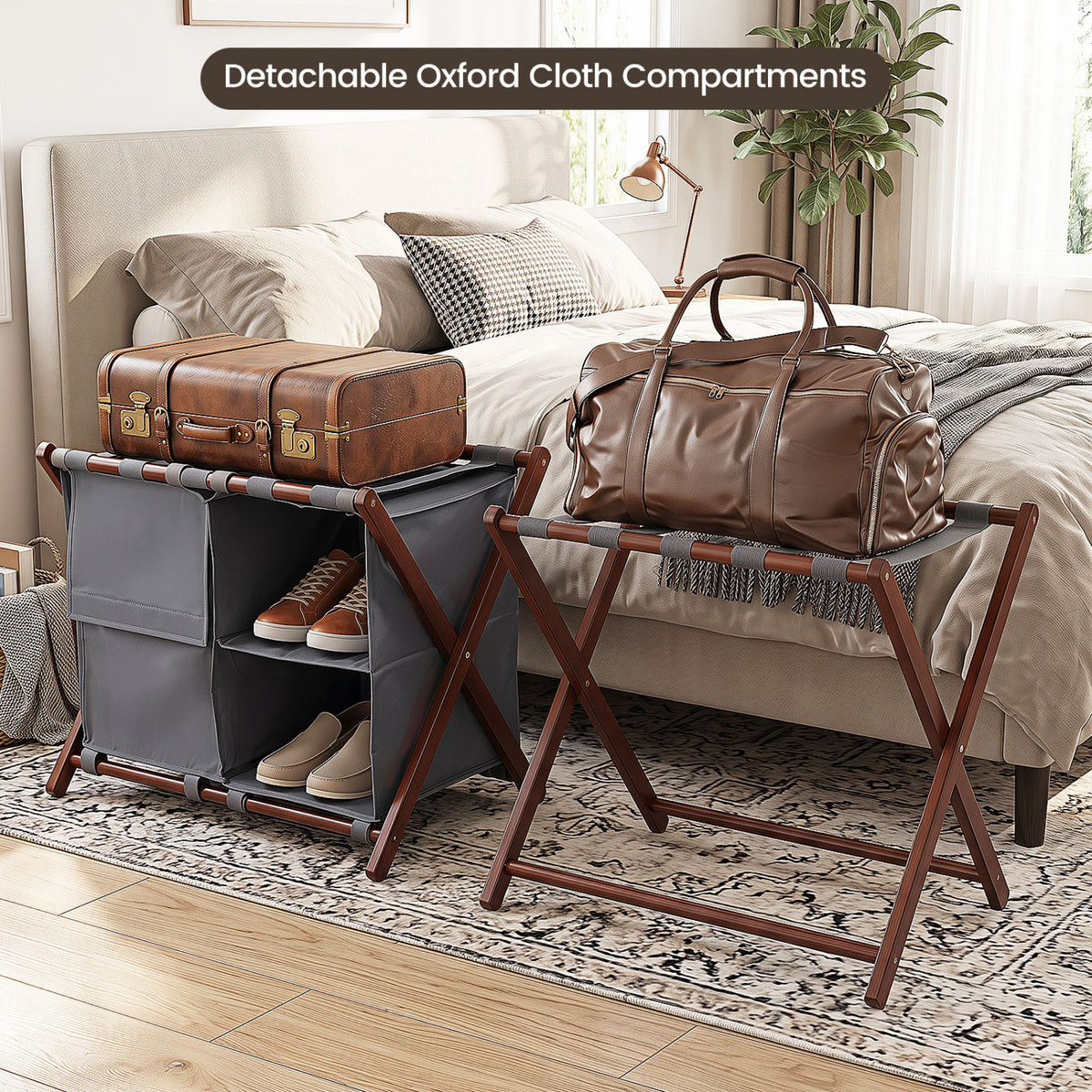 27" Bamboo Luggage Rack with 5 Straps - Walnut & Gray