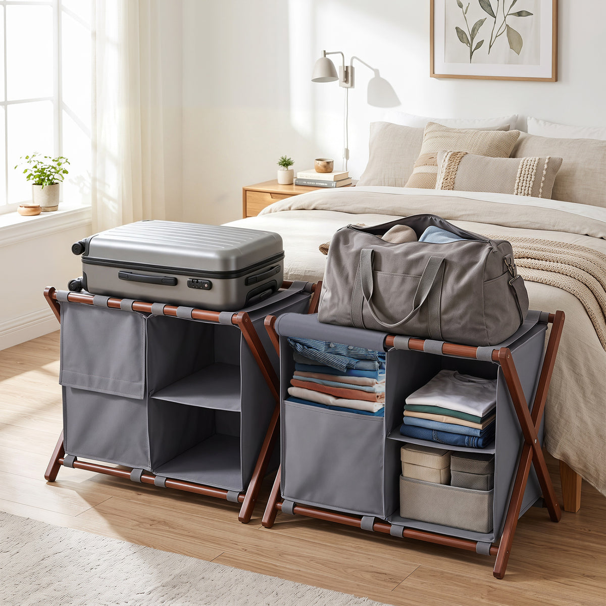 27" Bamboo Luggage Rack Set of 2 with Nylon Straps - Walnut & Gray