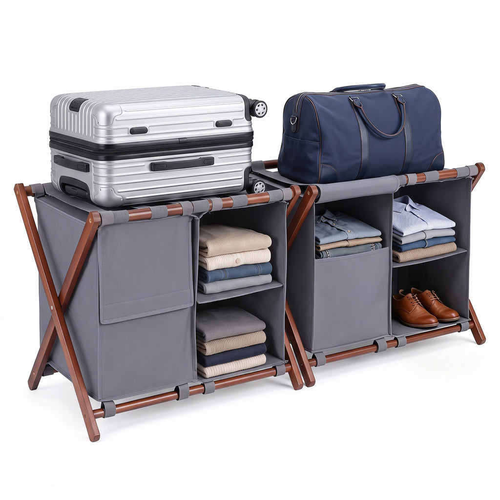 27" Bamboo Luggage Rack Set of 2 with Nylon Straps - Walnut & Gray