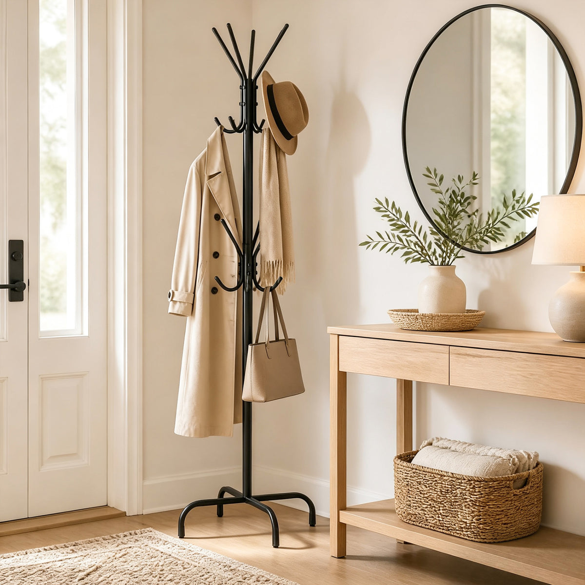 Metal Coat Rack Freestanding 16 Hooks - Black