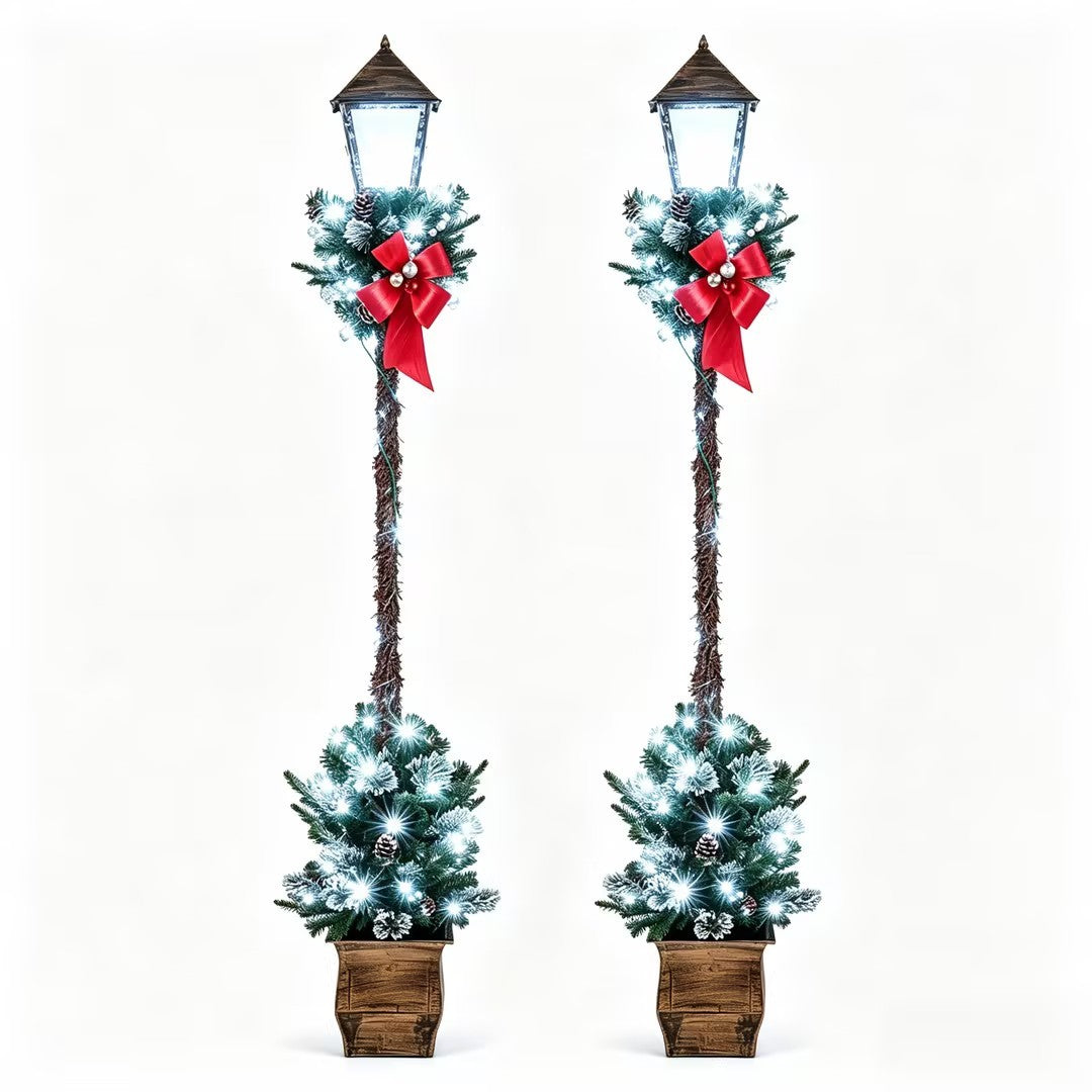 Set of 2 Christmas Pre-lit Street Lamps with Artificial Greenery and Snow-Flocked Tips - Yellow Variation