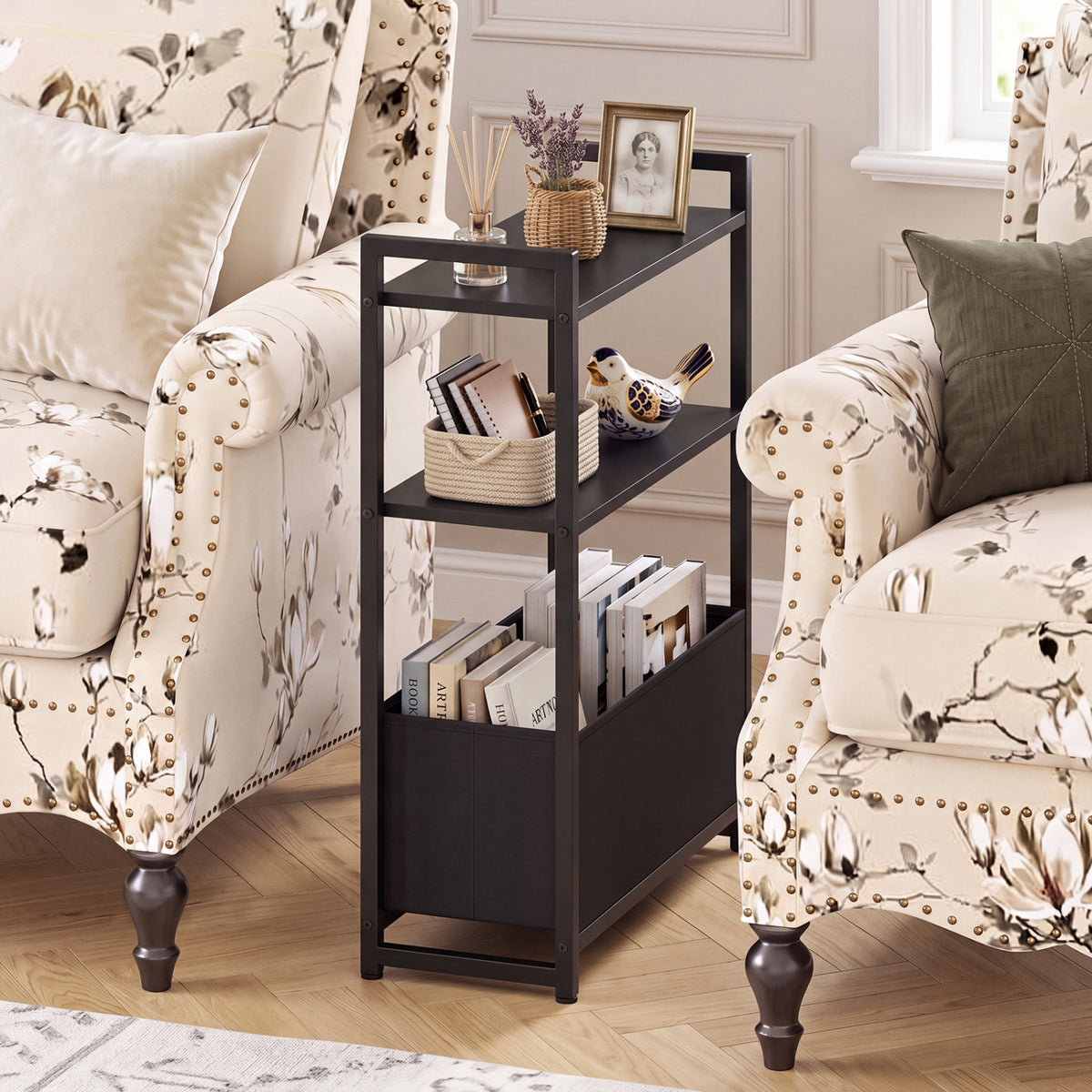 Narrow End Table with Storage Shelves - Rustic Brown