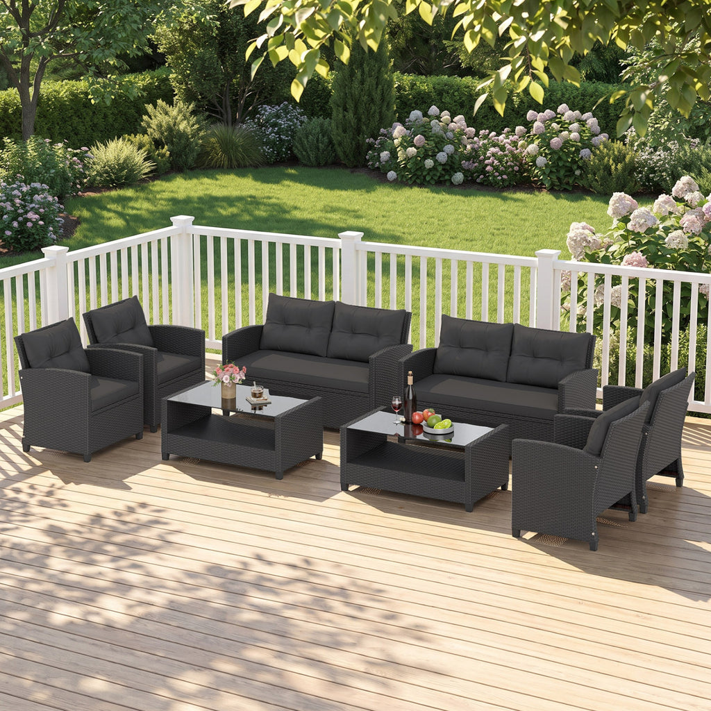 Set of 2 8 Pieces Patio Rattan Conversation Furniture with Glass Top