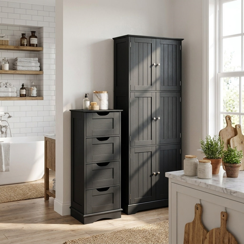Bathroom Floor Cabinet with Open Rack, White - Freestanding Storage