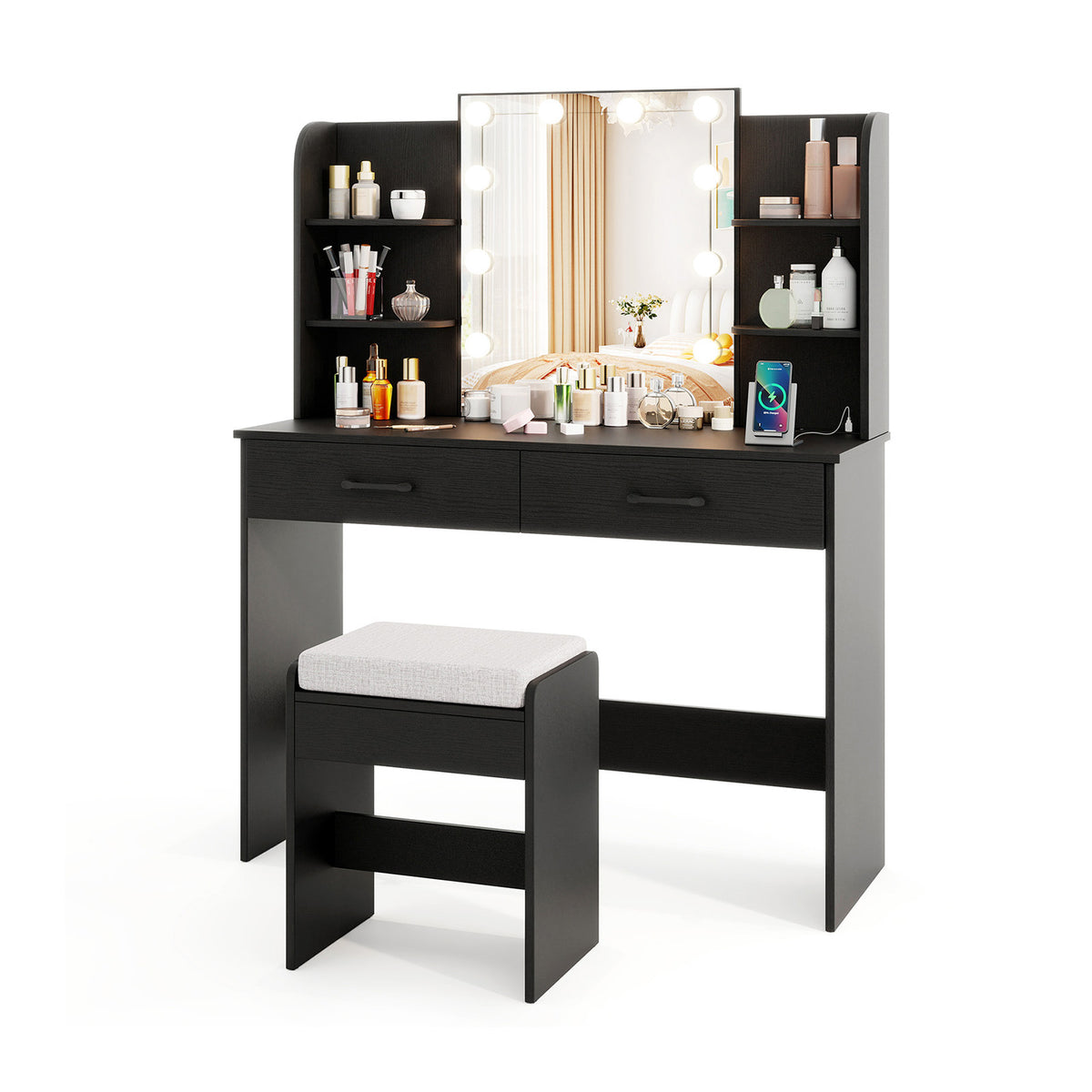 Vanity Desk with Lighted Mirror & Storage – White Farmhouse