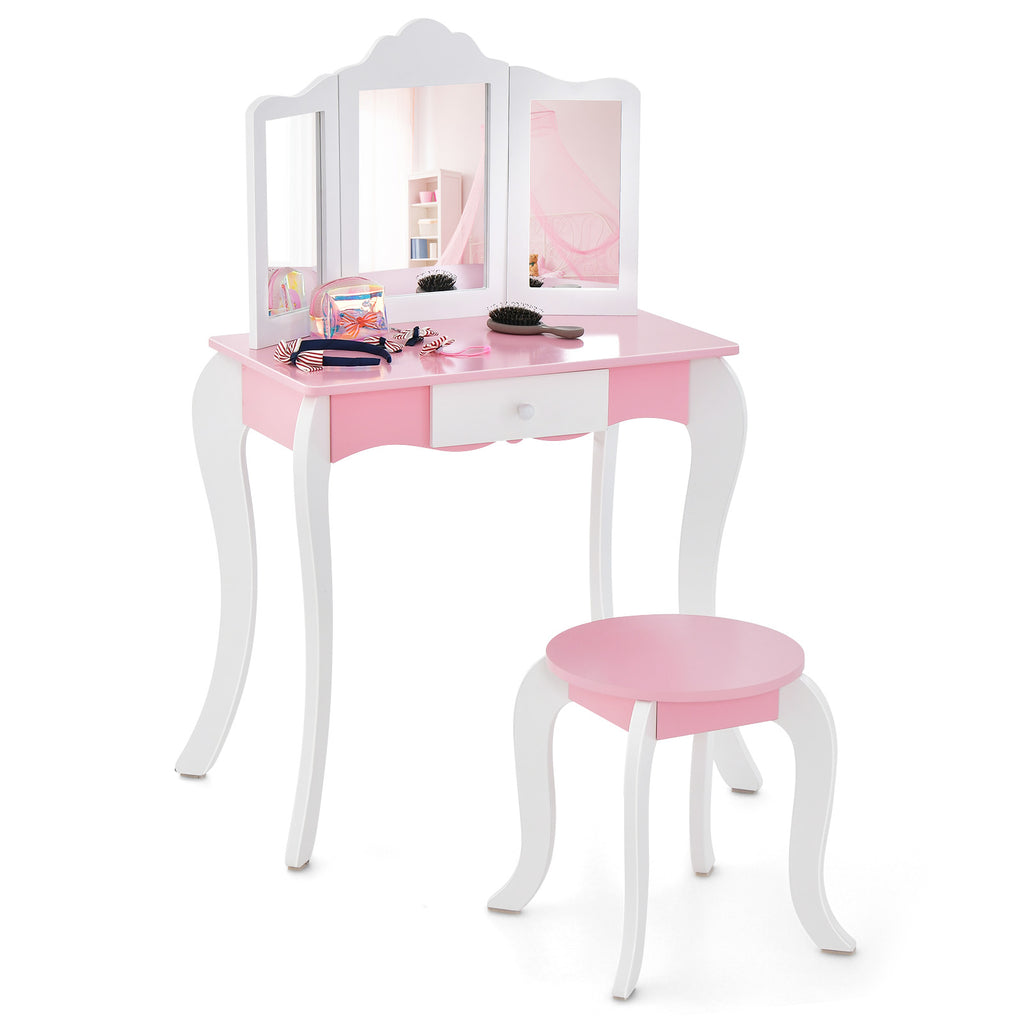 Kid's Wooden Vanity Table and Stool Set with 3-Panel Acrylic Mirror - White Variation