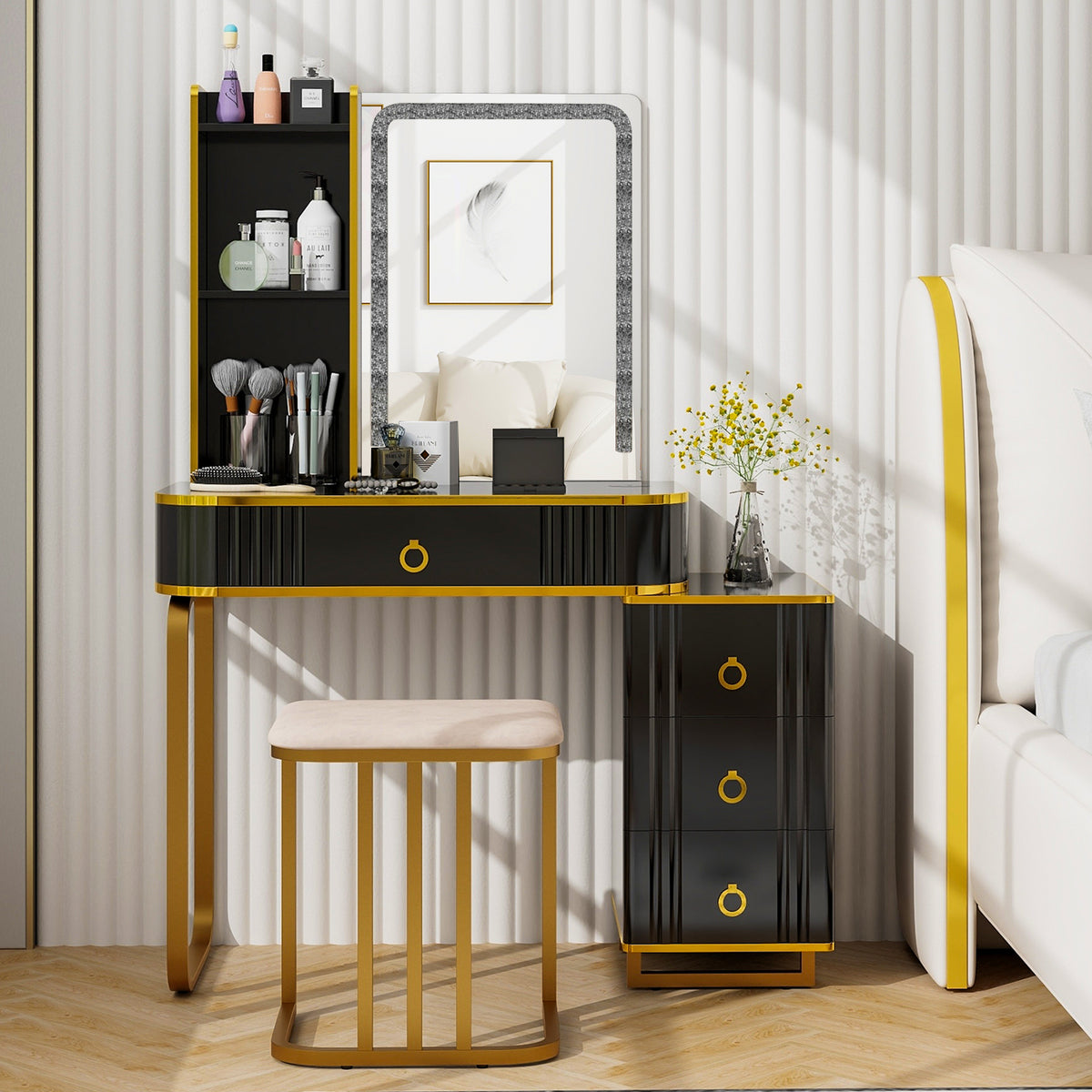 Vanity Table Set with RGB LED Lights and Wireless Charging - Black
