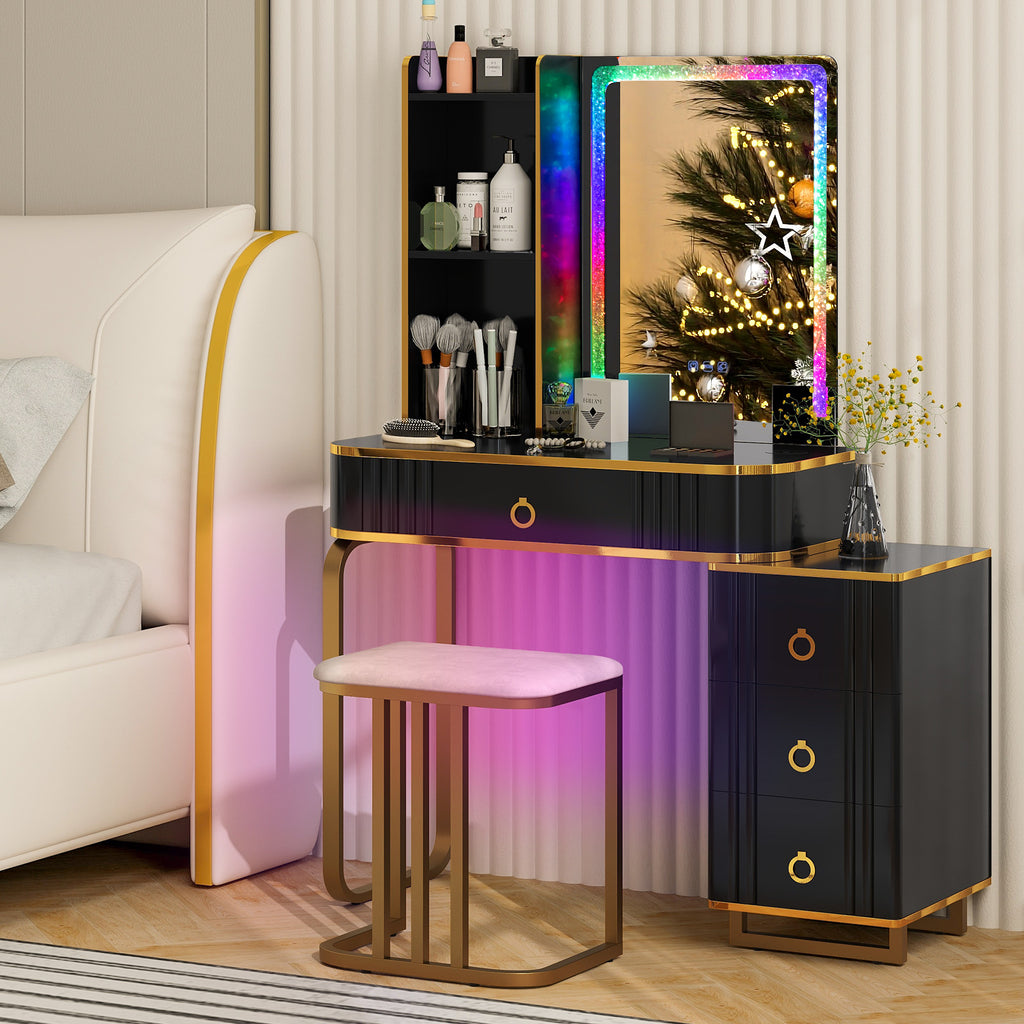 Vanity Table Set with RGB LED Lights and Wireless Charging - Black