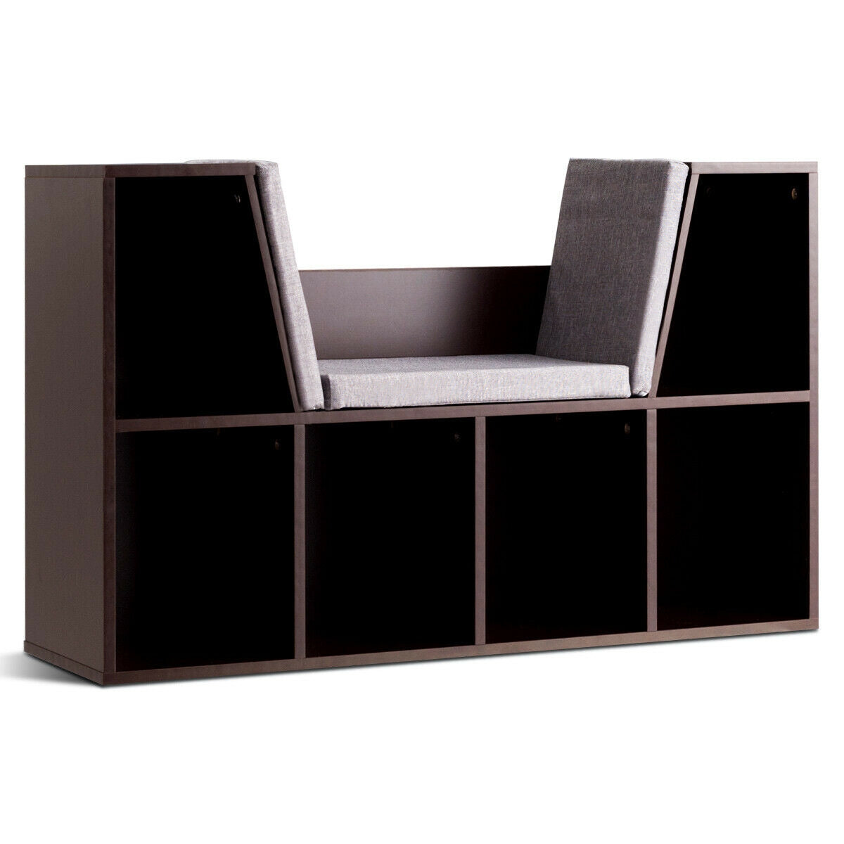 Brown 6-Cubby Kid Storage Bookcase with Cushioned Reading Nook