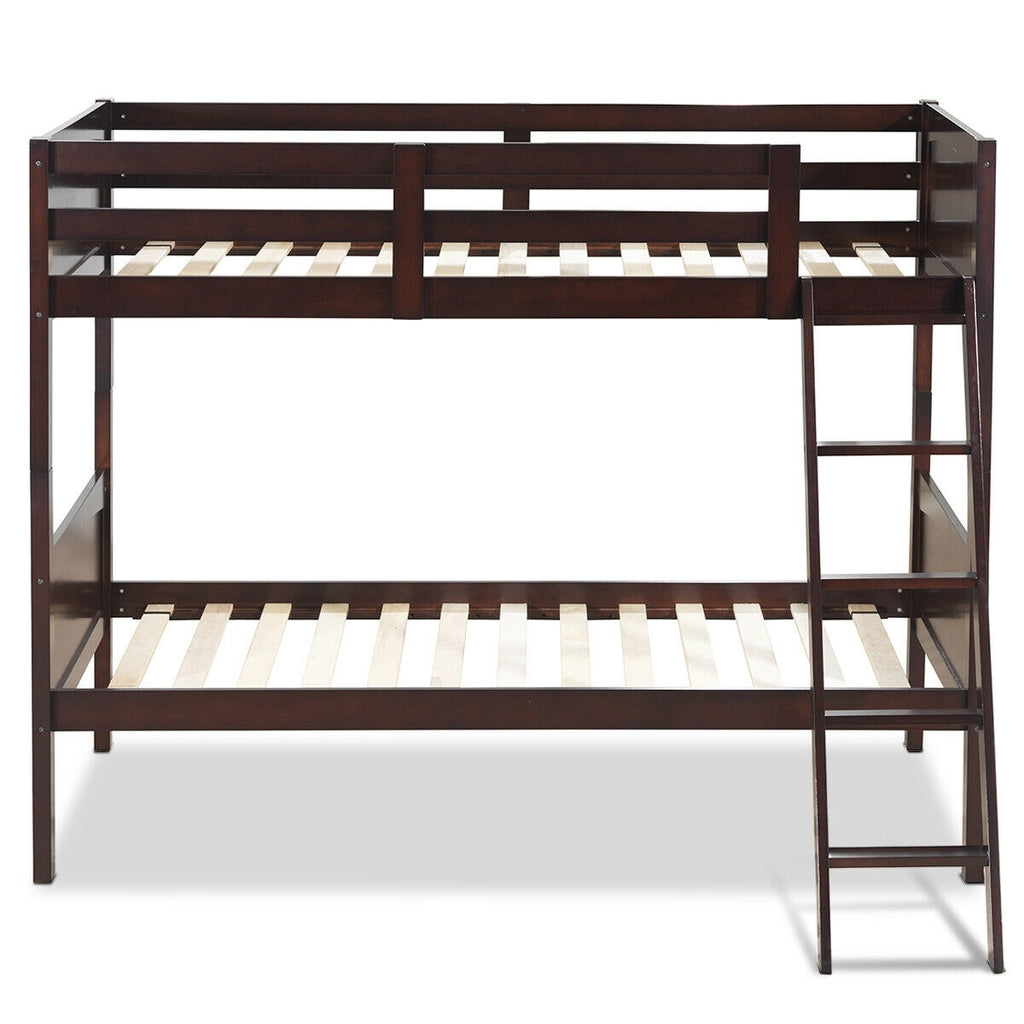 Wooden Twin Over Twin Bunk Bed with Ladder & Safety Rail - Brown
