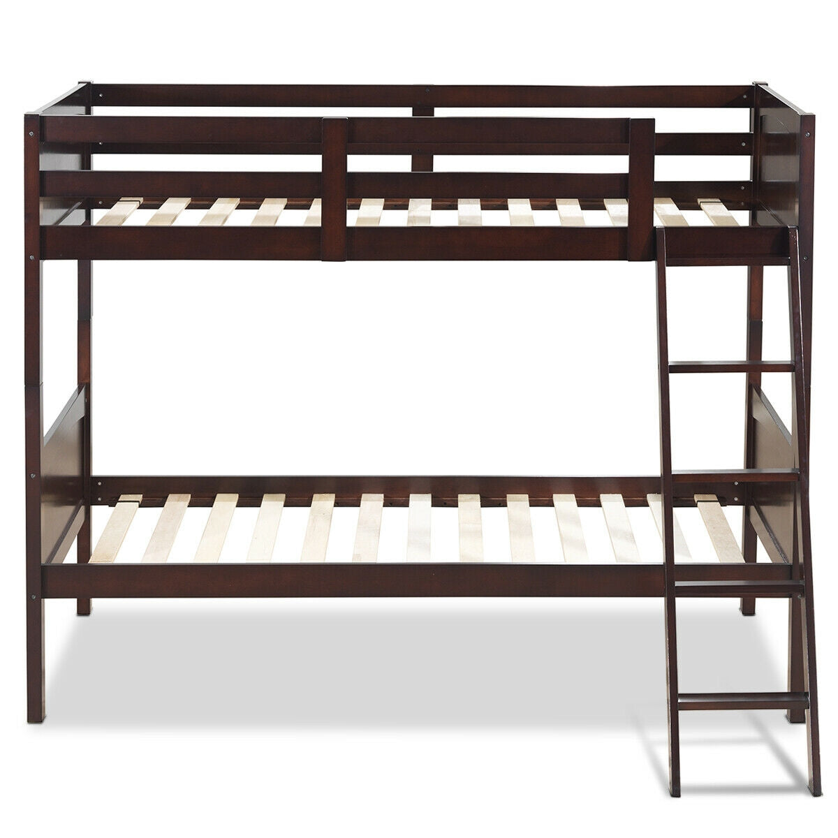 Wooden Twin Over Twin Bunk Bed with Ladder & Safety Rail - Brown
