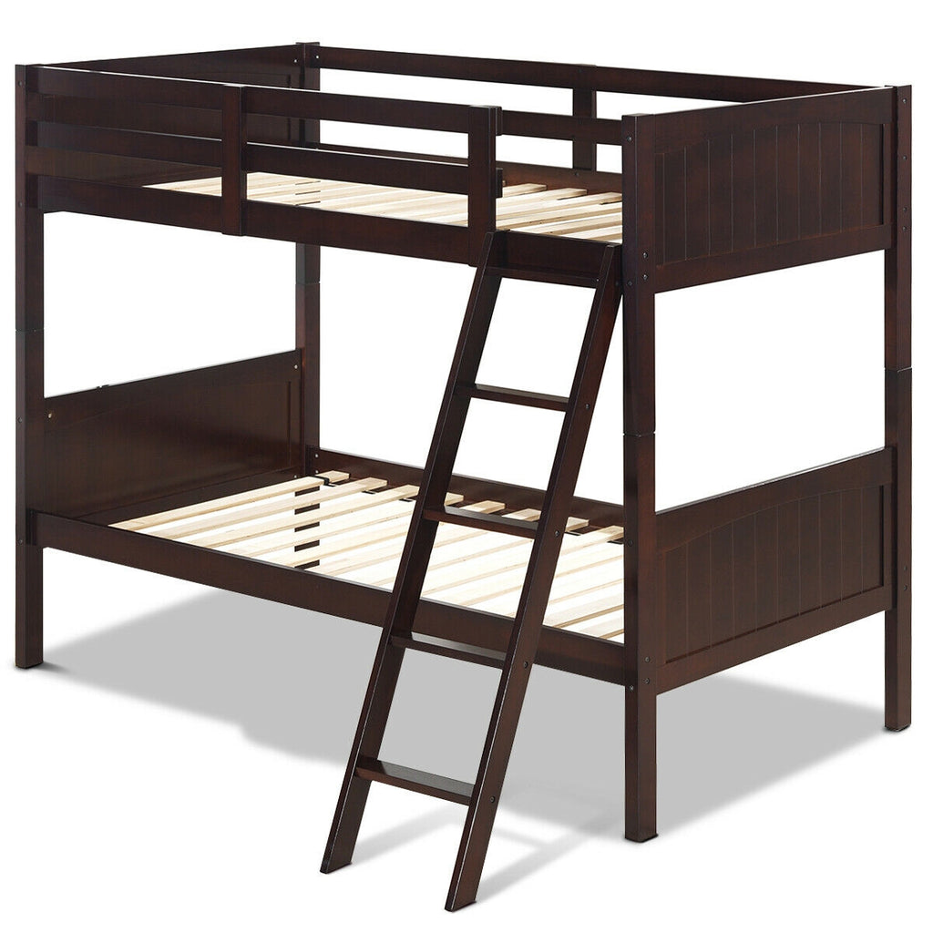 Wooden Twin Over Twin Bunk Bed with Ladder & Safety Rail - Brown