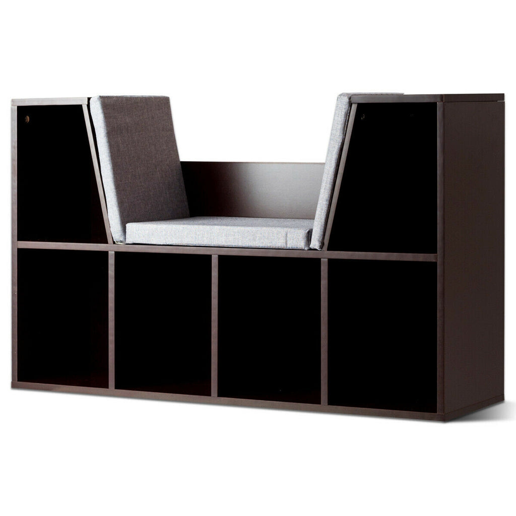 Brown 6-Cubby Kid Storage Bookcase with Cushioned Reading Nook