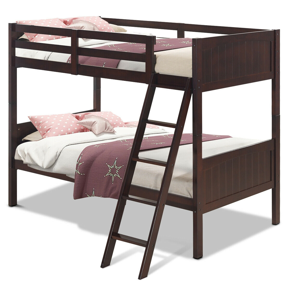 Wooden Twin Over Twin Bunk Bed with Ladder & Safety Rail - Brown