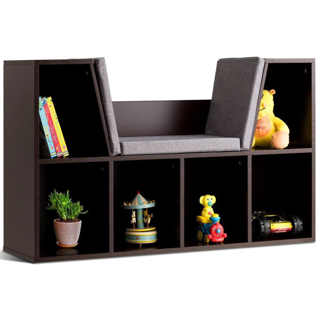 Brown 6-Cubby Kid Storage Bookcase with Cushioned Reading Nook