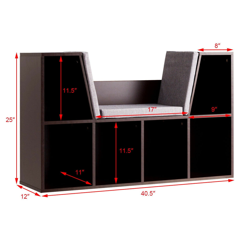 Brown 6-Cubby Kid Storage Bookcase with Cushioned Reading Nook
