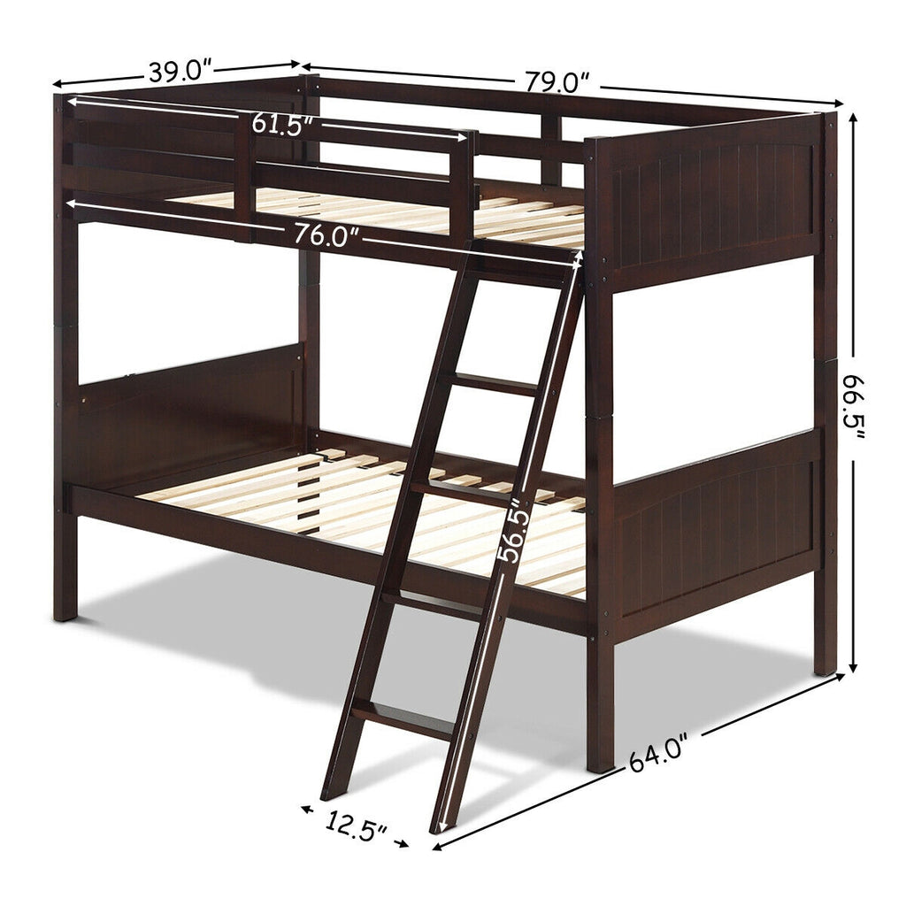 Wooden Twin Over Twin Bunk Bed with Ladder & Safety Rail - Brown