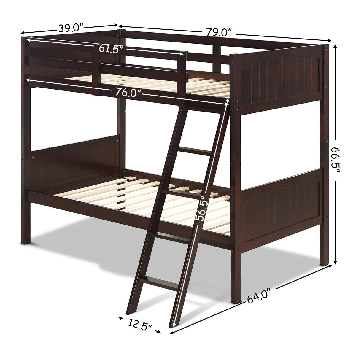 Wooden Twin Over Twin Bunk Bed with Ladder & Safety Rail - Brown