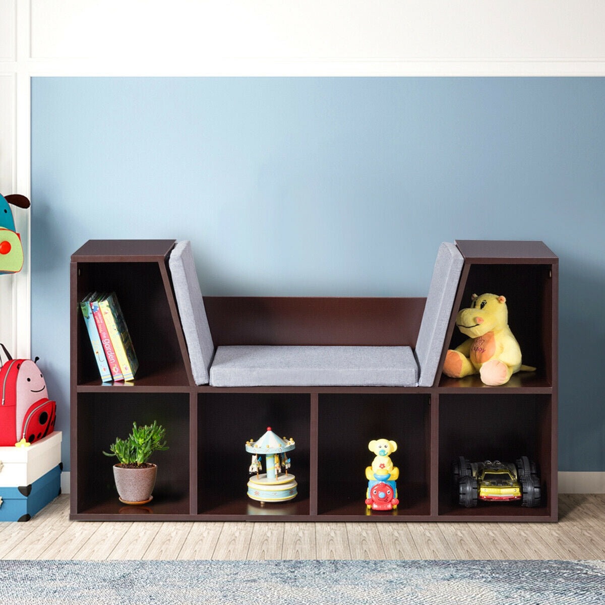 Brown 6-Cubby Kid Storage Bookcase with Cushioned Reading Nook