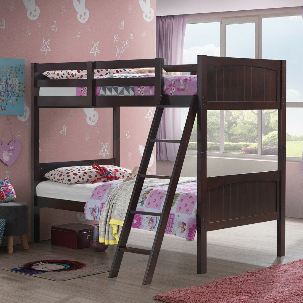 Wooden Twin Over Twin Bunk Bed with Ladder & Safety Rail - Brown