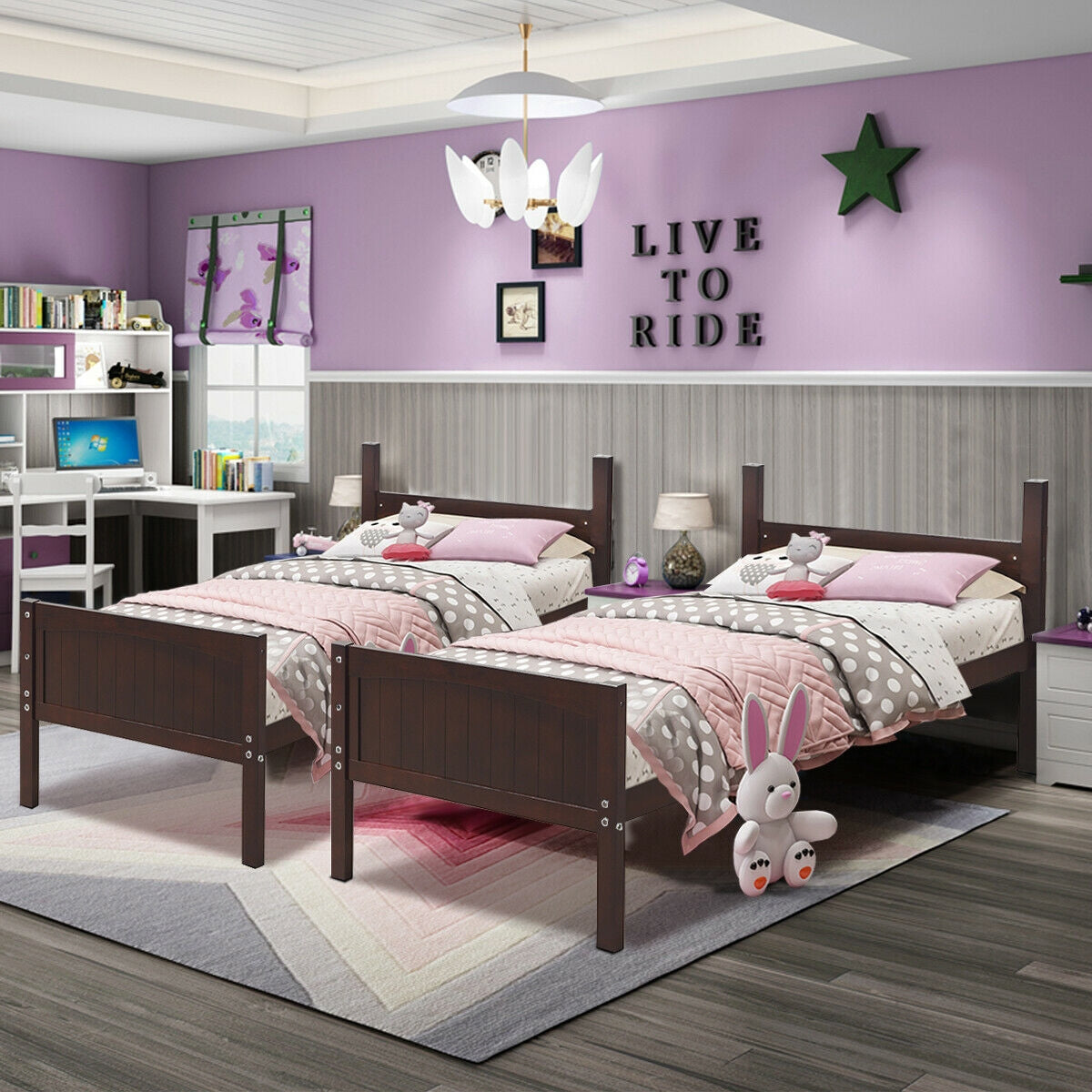 Wooden Twin Over Twin Bunk Bed with Ladder & Safety Rail - Brown