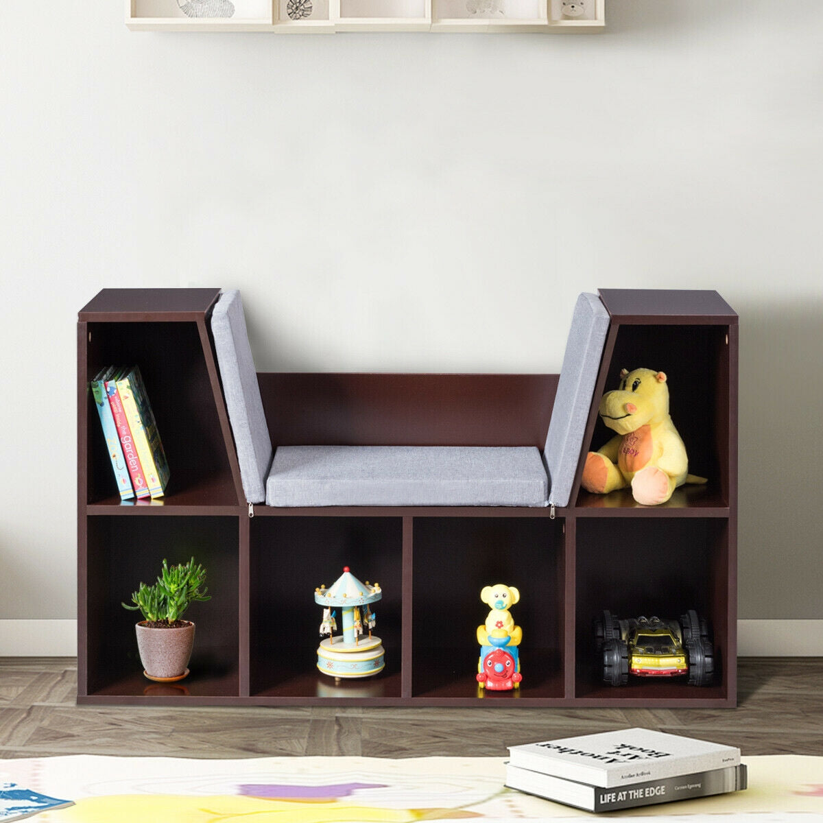 Brown 6-Cubby Kid Storage Bookcase with Cushioned Reading Nook