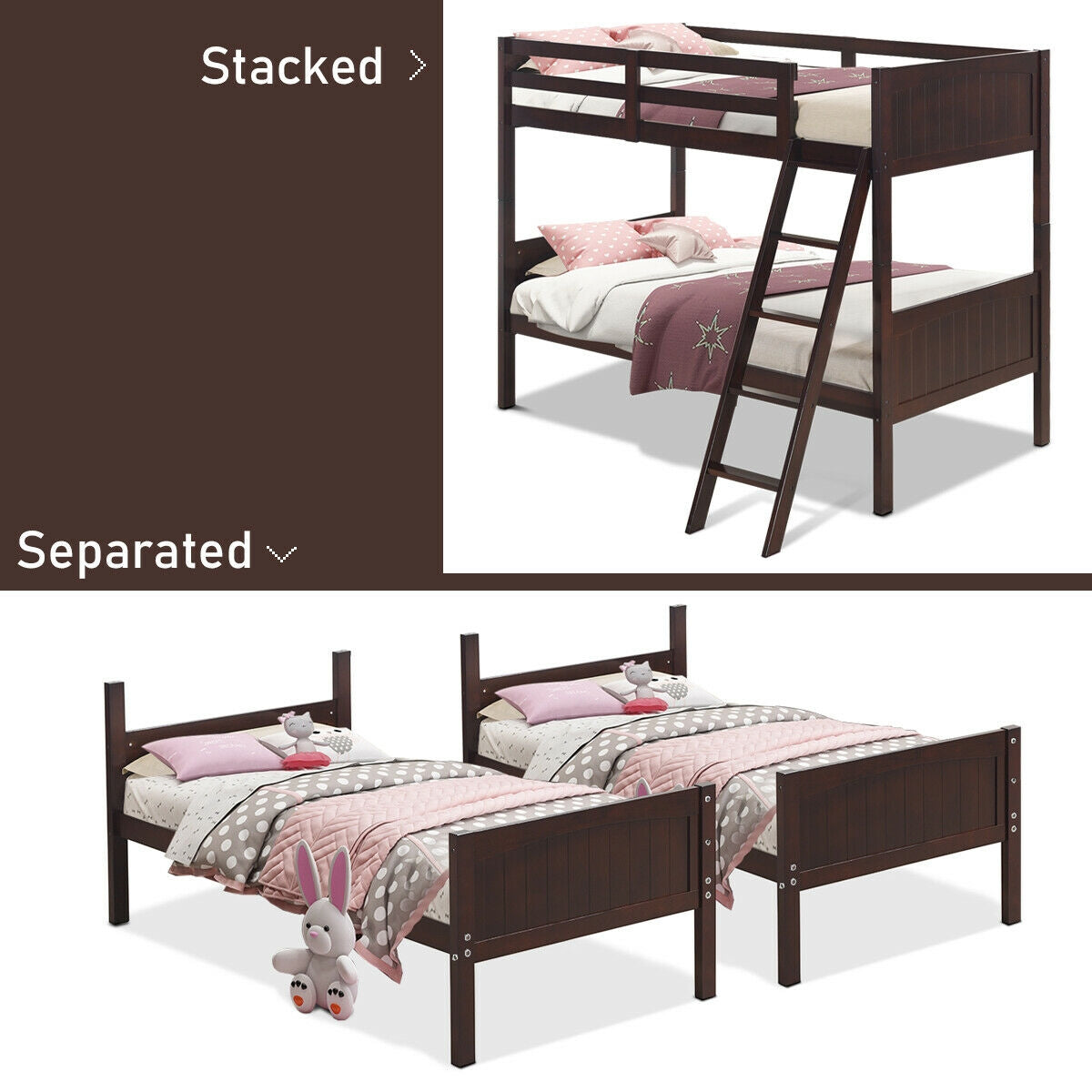 Wooden Twin Over Twin Bunk Bed with Ladder & Safety Rail - Brown
