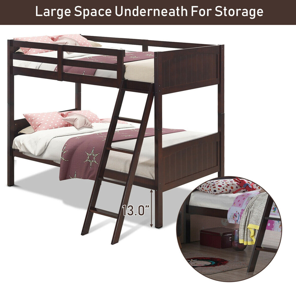 Wooden Twin Over Twin Bunk Bed with Ladder & Safety Rail - Brown