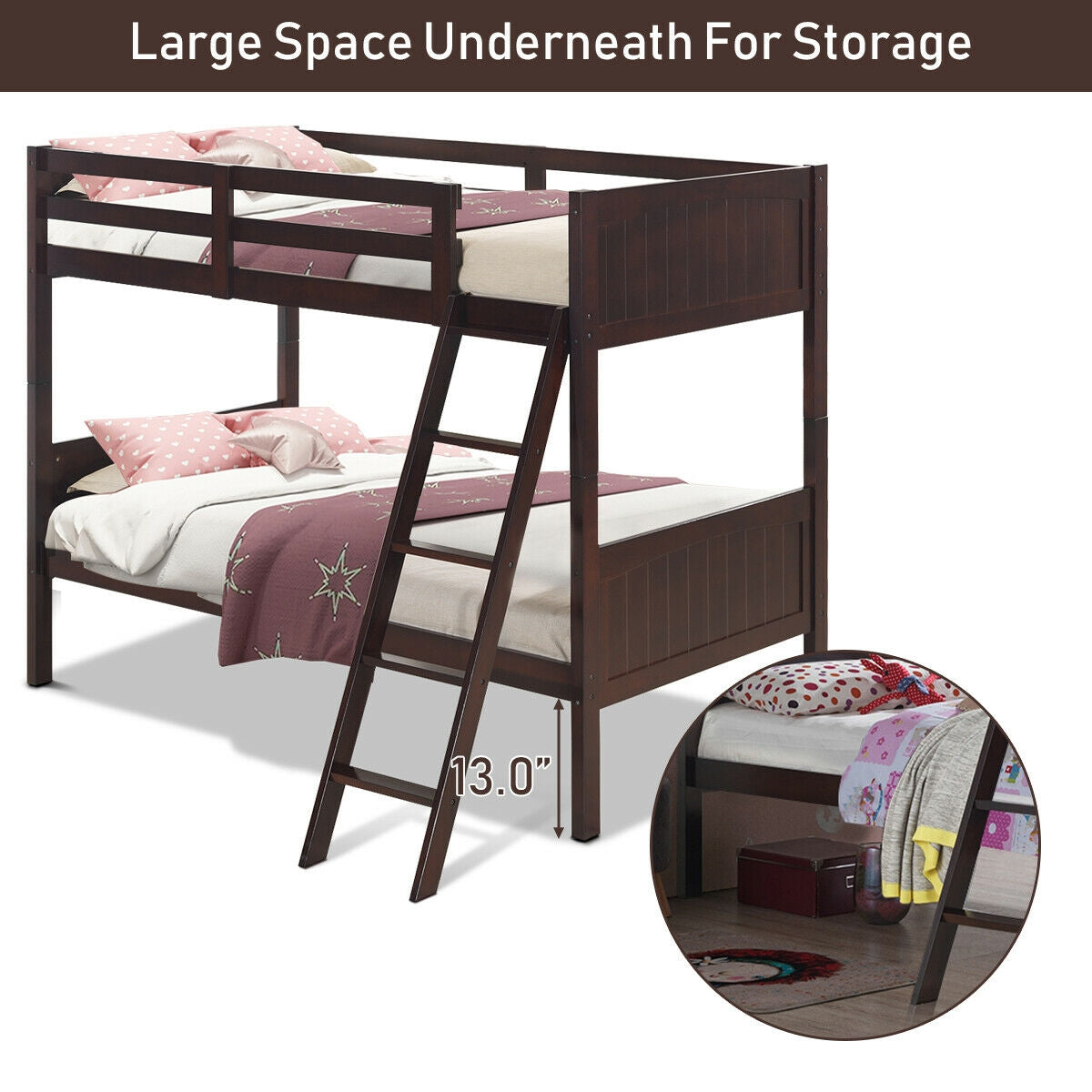 Wooden Twin Over Twin Bunk Bed with Ladder & Safety Rail - Brown