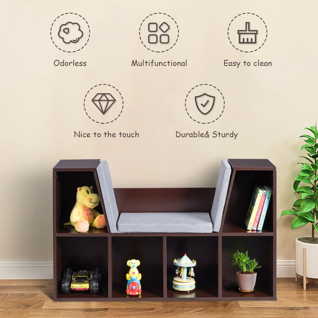 Brown 6-Cubby Kid Storage Bookcase with Cushioned Reading Nook