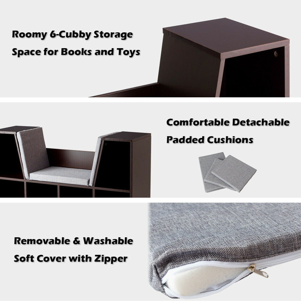 Brown 6-Cubby Kid Storage Bookcase with Cushioned Reading Nook